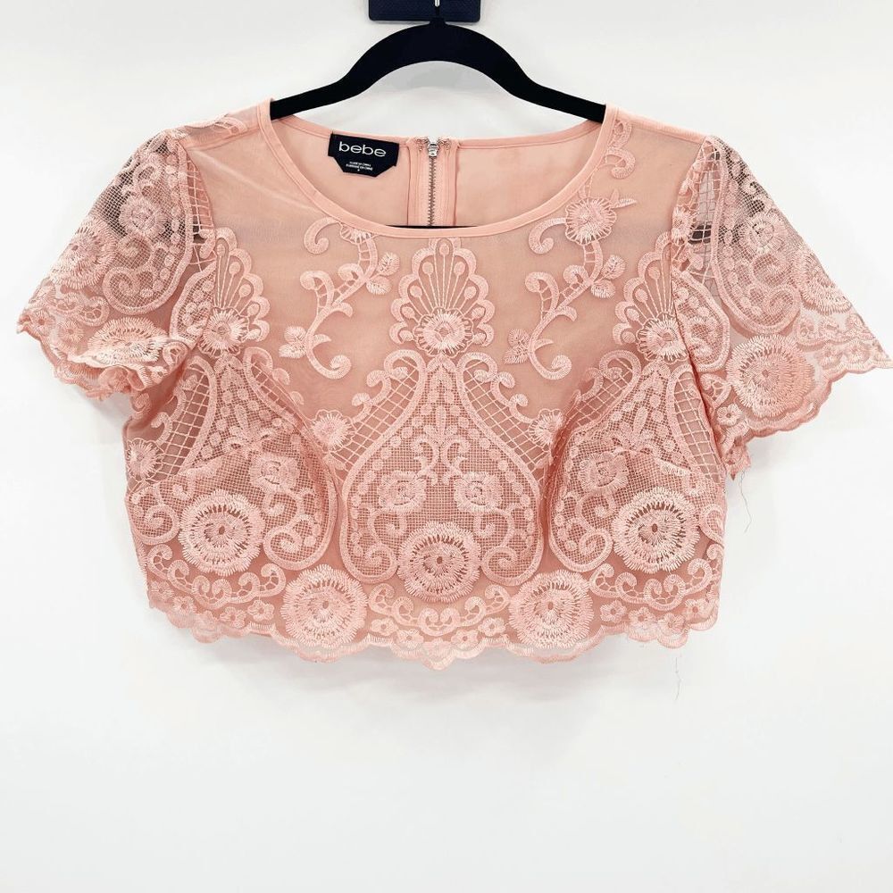 Bebe Orange Lace Scallop Hem Crop Top Women's Size 0 - Picture 2 of 5